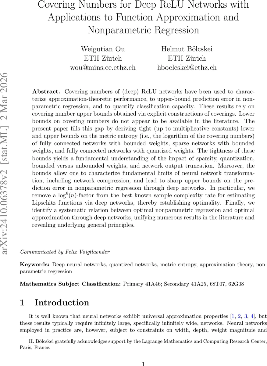 Covering Numbers for Deep ReLU Networks with Applications to Function Approximation and Nonparametric Regression