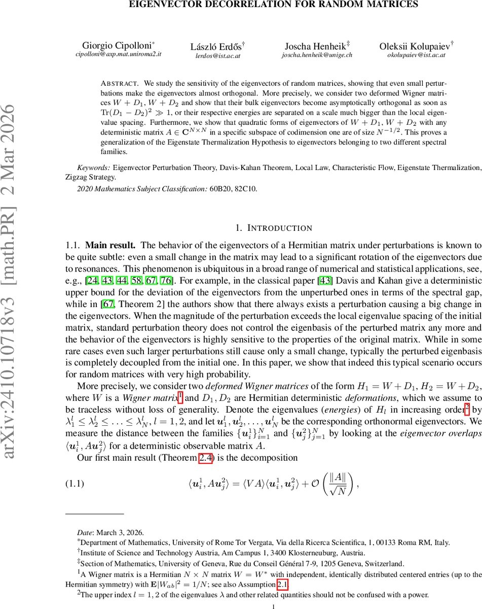 Eigenvector decorrelation for random matrices