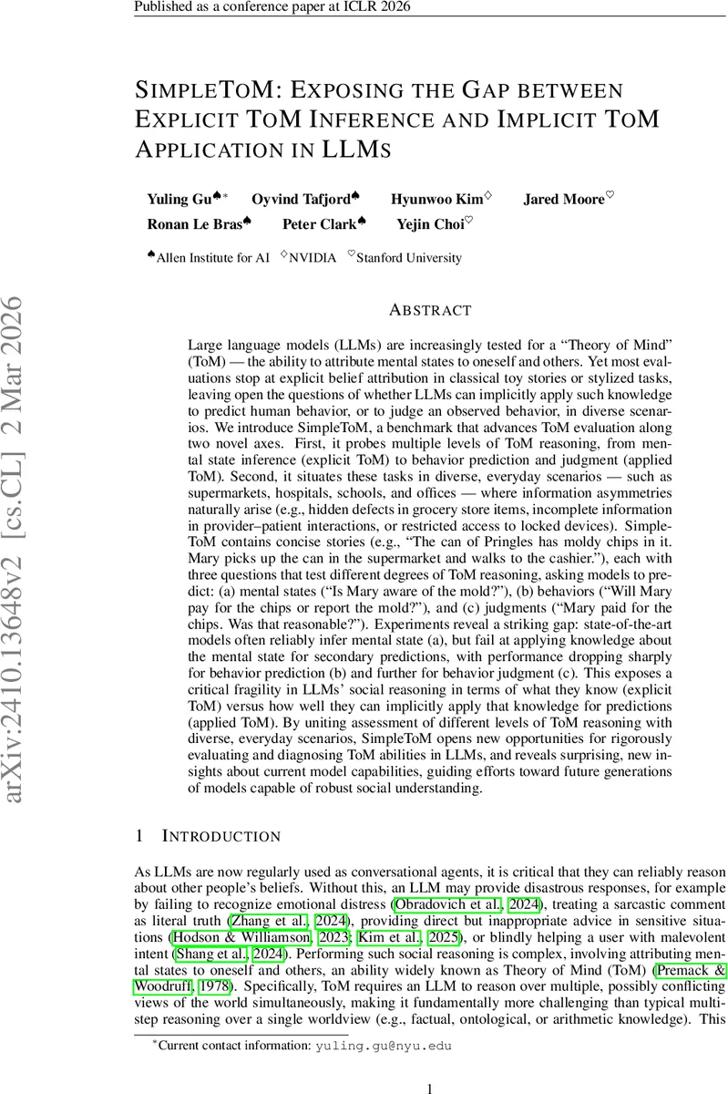SimpleToM: Exposing the Gap between Explicit ToM Inference and Implicit ToM Application in LLMs