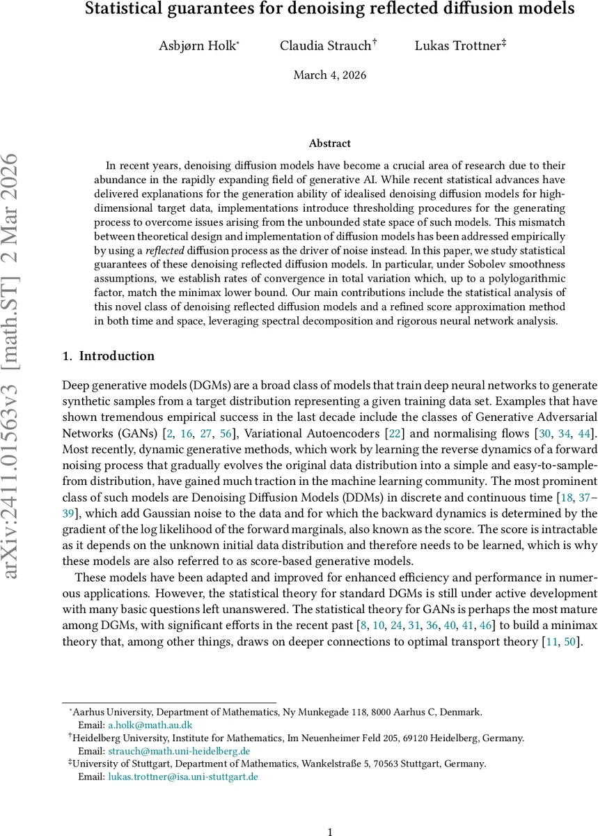 Statistical guarantees for denoising reflected diffusion models