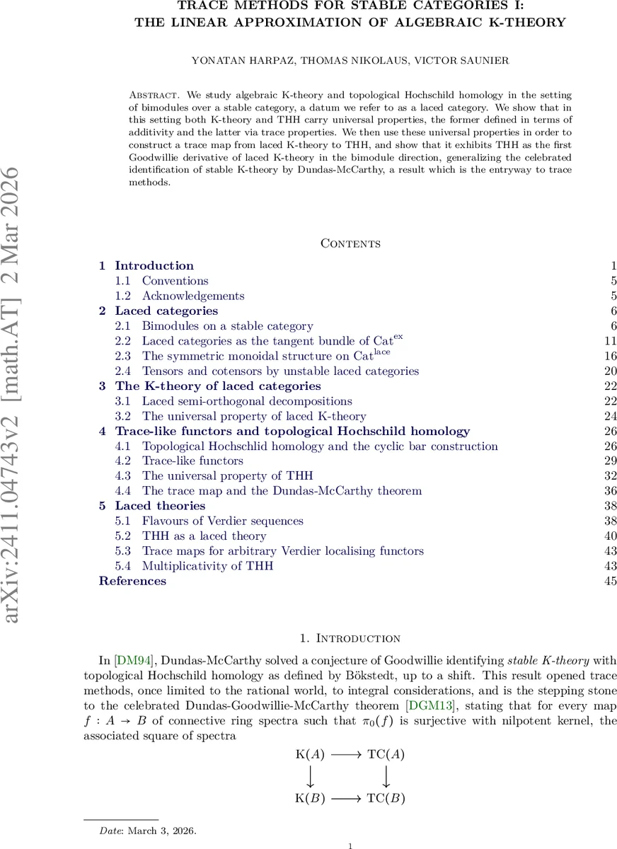 Trace methods for stable categories I: The linear approximation of algebraic K-theory