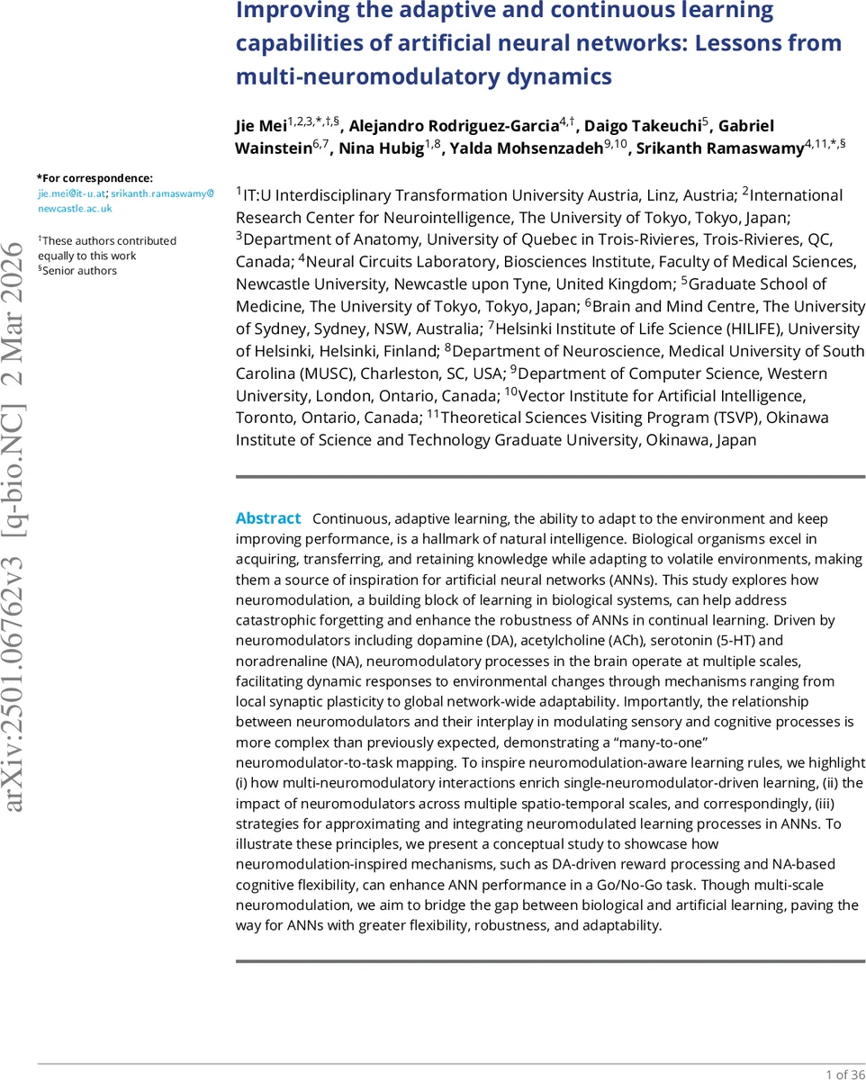 Improving the adaptive and continuous learning capabilities of artificial neural networks: Lessons from multi-neuromodulatory dynamics