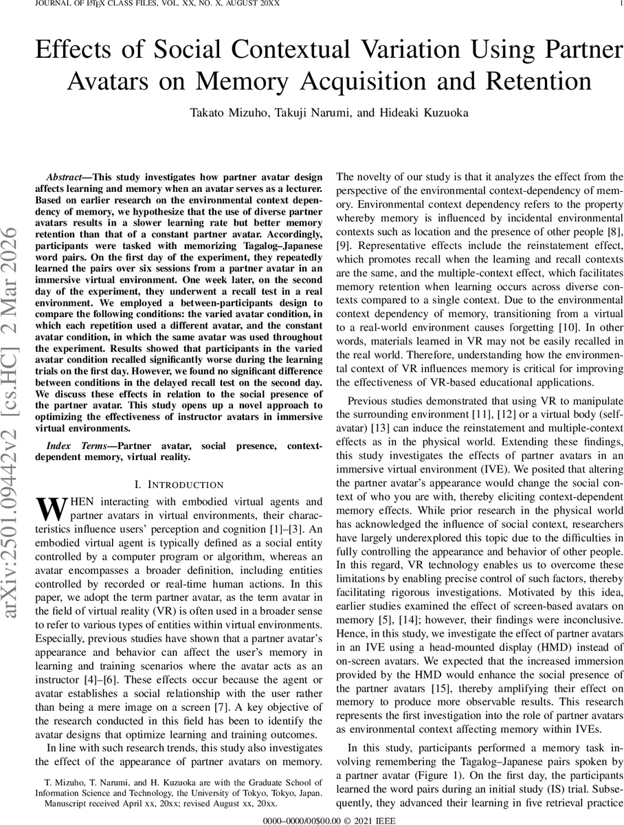 Effects of Social Contextual Variation Using Partner Avatars on Memory Acquisition and Retention