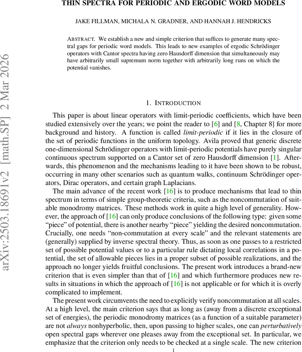 Thin Spectra for Periodic and Ergodic Word Models