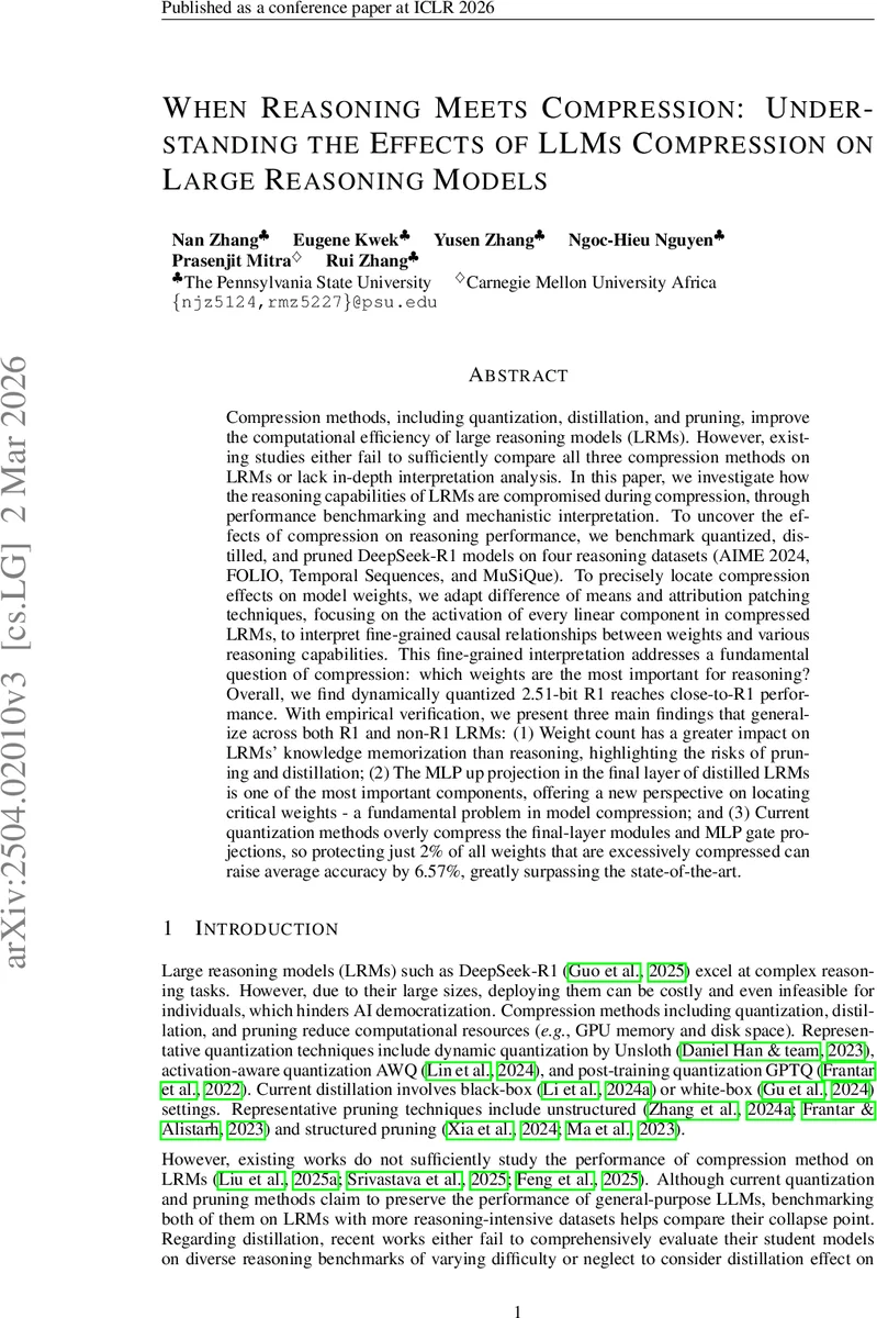When Reasoning Meets Compression: Understanding the Effects of LLMs Compression on Large Reasoning Models
