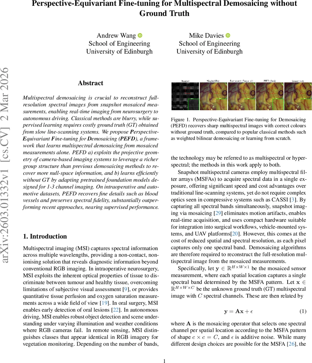 Perspective-Equivariant Fine-tuning for Multispectral Demosaicing without Ground Truth