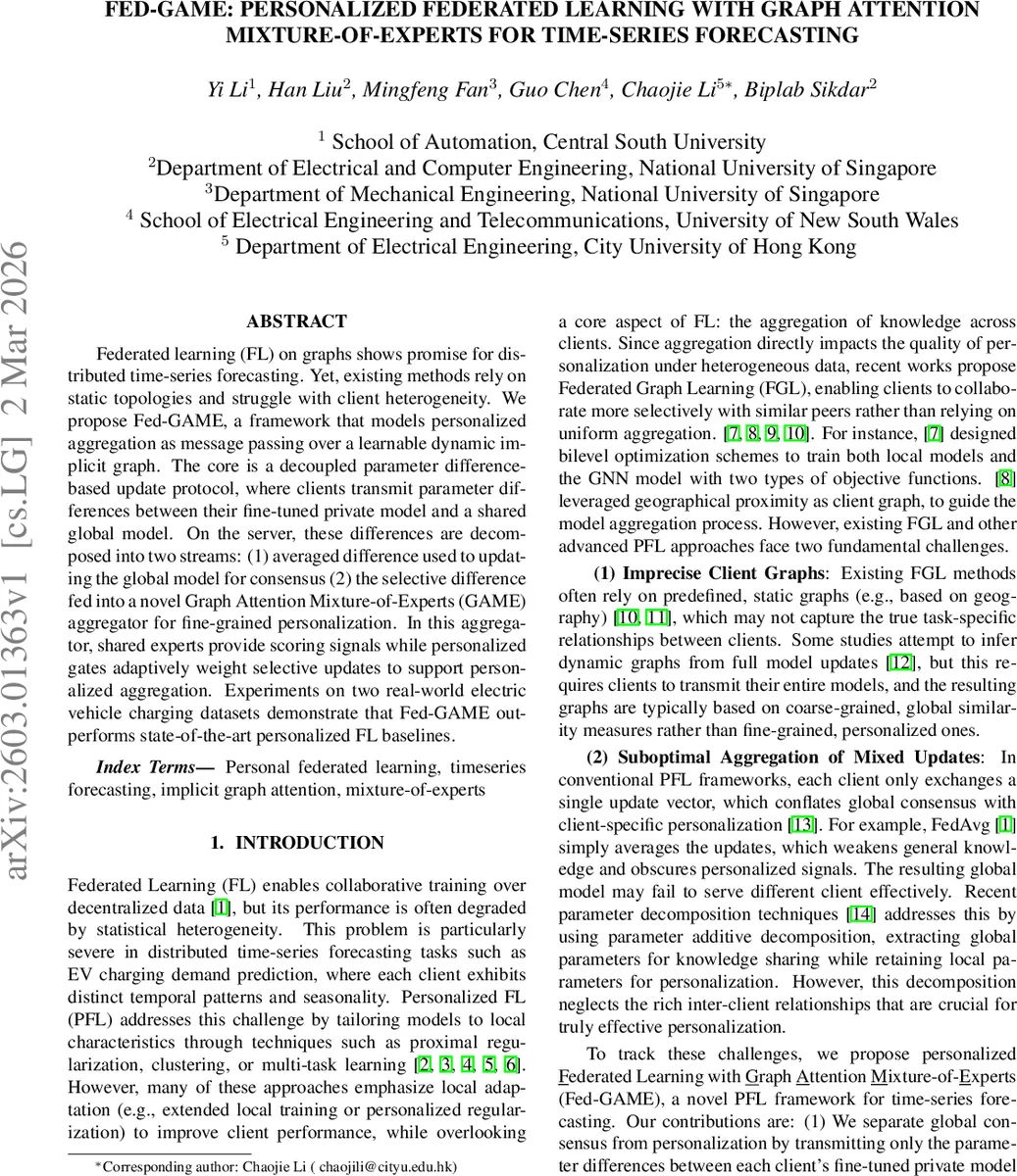 Fed-GAME: Personalized Federated Learning with Graph Attention Mixture-of-Experts For Time-Series Forecasting