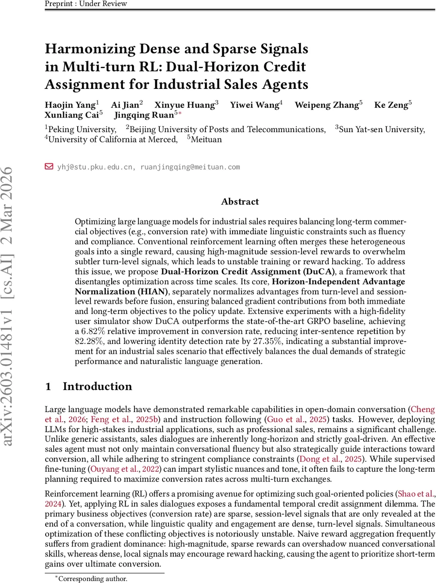Harmonizing Dense and Sparse Signals in Multi-turn RL: Dual-Horizon Credit Assignment for Industrial Sales Agents
