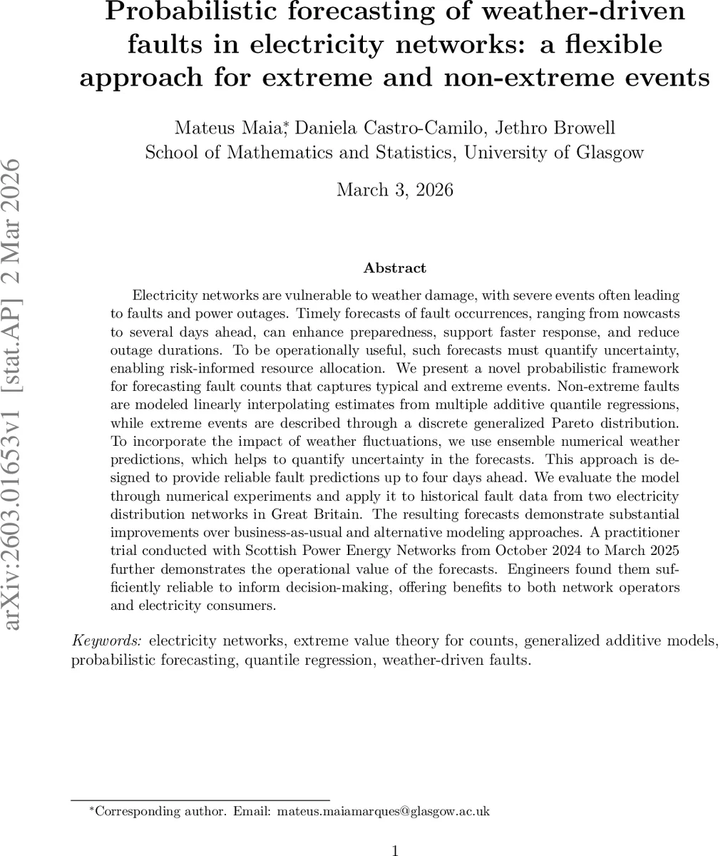 Probabilistic forecasting of weather-driven faults in electricity networks: a flexible approach for extreme and non-extreme events