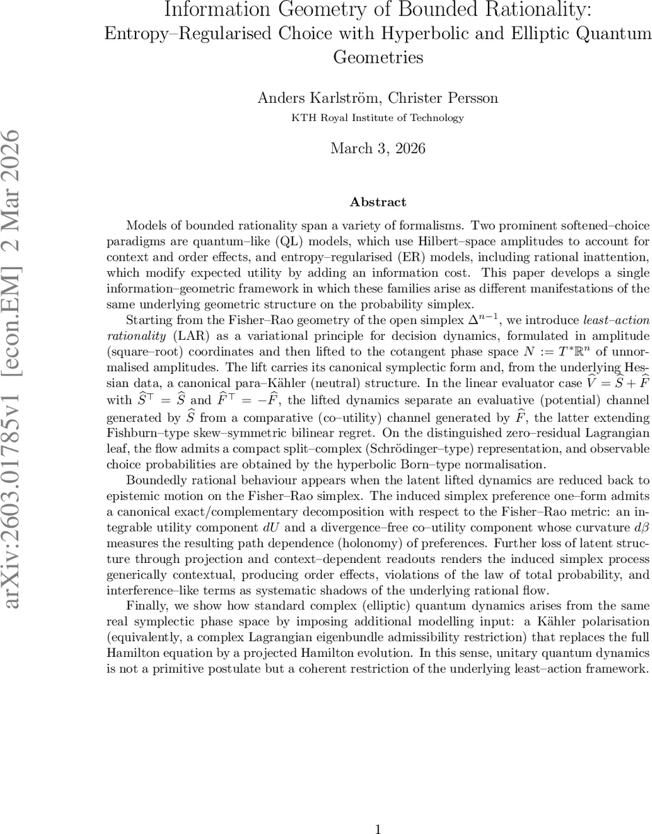 Information Geometry of Bounded Rationality: Entropy--Regularised Choice with Hyperbolic and Elliptic Quantum Geometries