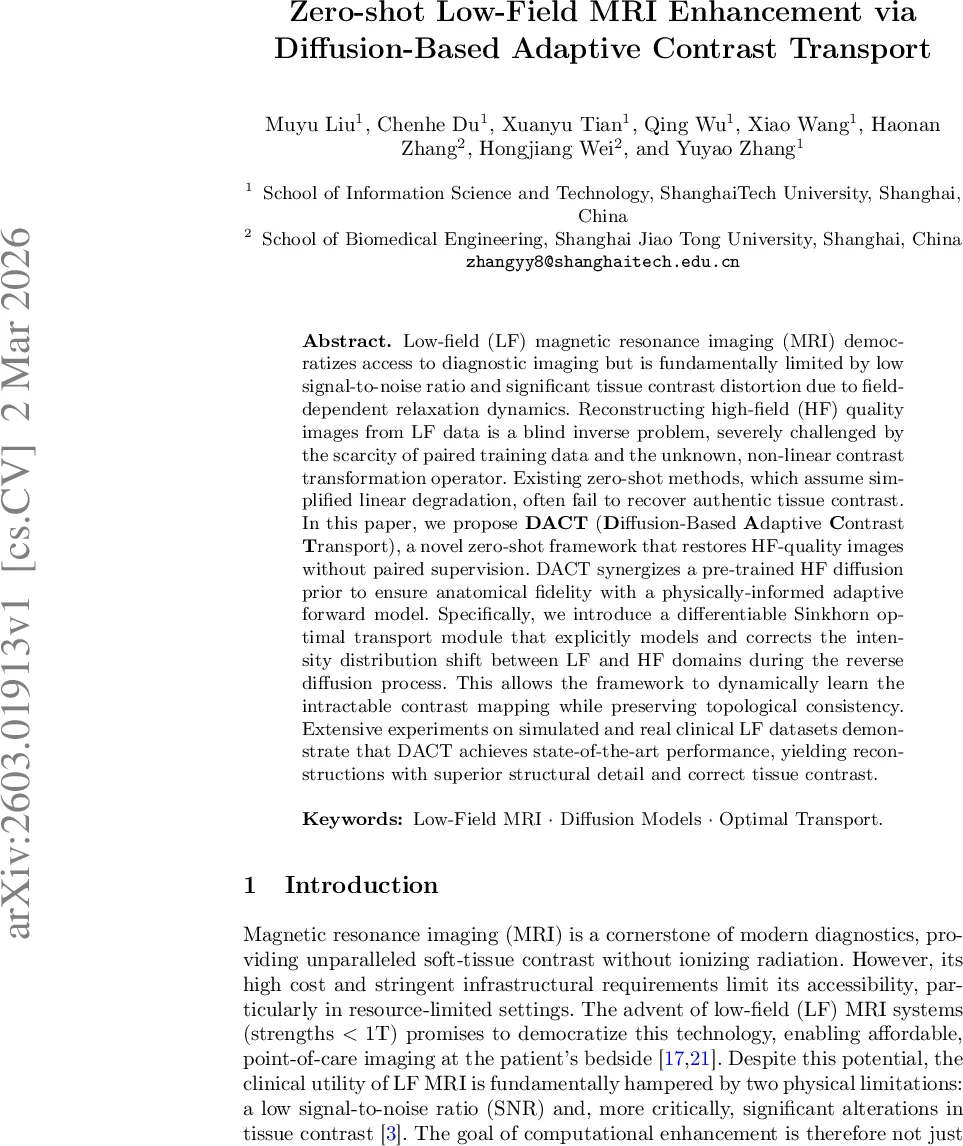 Zero-shot Low-Field MRI Enhancement via Diffusion-Based Adaptive Contrast Transport