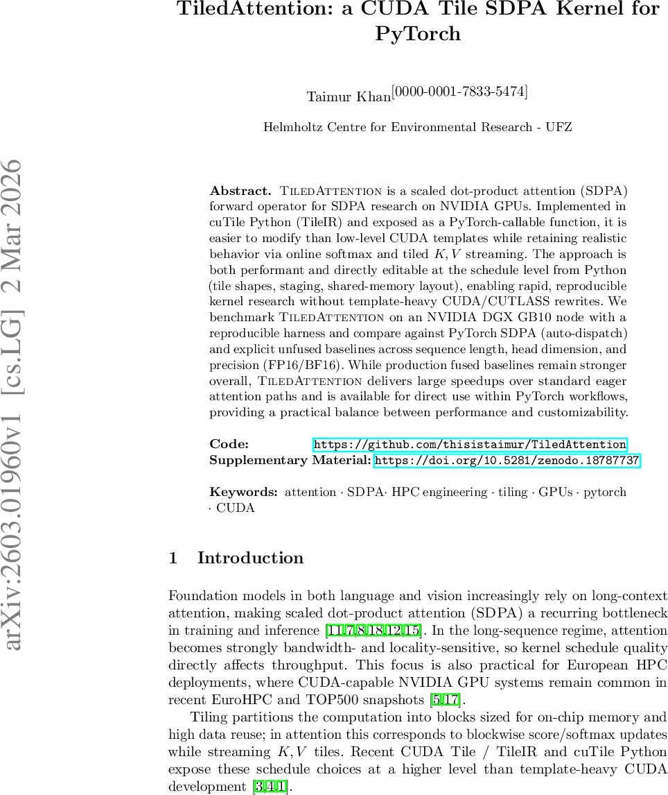 TiledAttention: a CUDA Tile SDPA Kernel for PyTorch