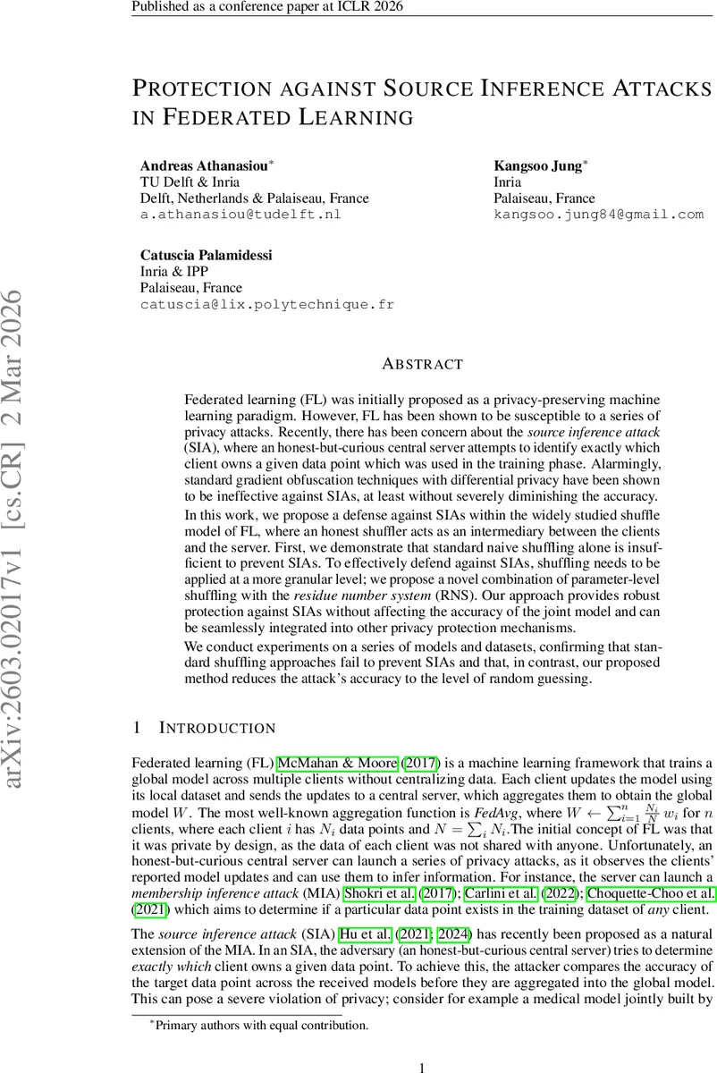 Protection against Source Inference Attacks in Federated Learning