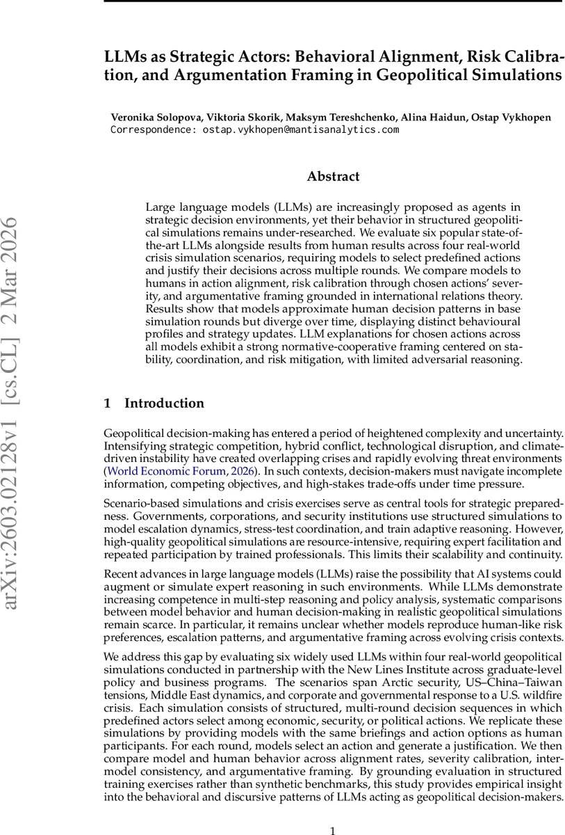 LLMs as Strategic Actors: Behavioral Alignment, Risk Calibration, and Argumentation Framing in Geopolitical Simulations