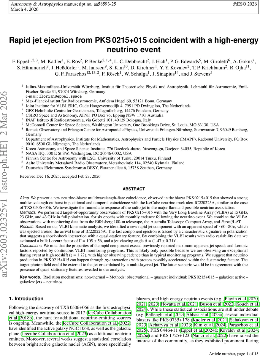 Rapid jet ejection from PKS 0215+015 coincident with a high-energy neutrino event
