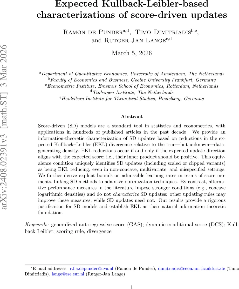 Expected Kullback-Leibler-based characterizations of score-driven updates