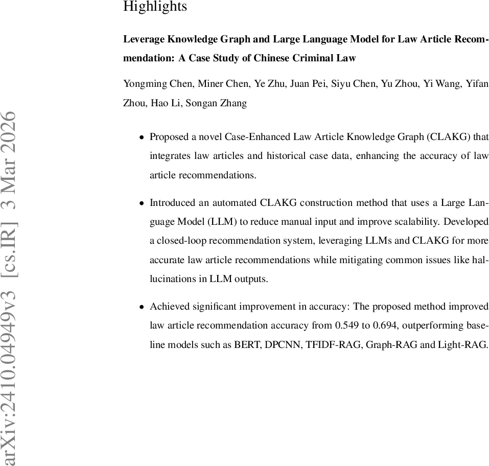 Leverage Knowledge Graph and Large Language Model for Law Article Recommendation: A Case Study of Chinese Criminal Law