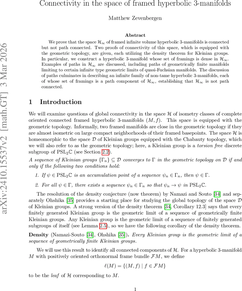 Connectivity in the space of framed hyperbolic 3-manifolds