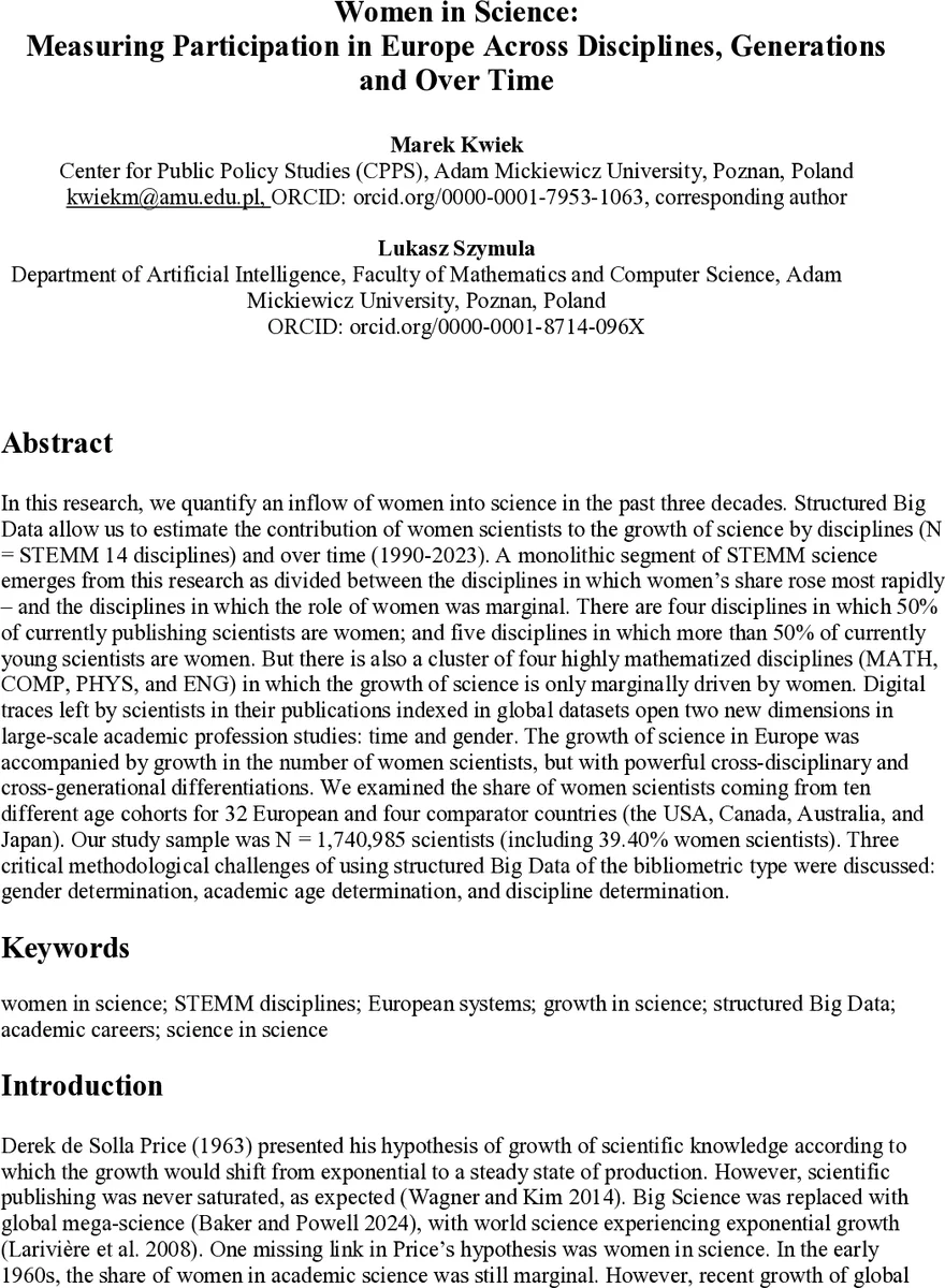 Women in Science: Measuring Participation in Europe Across Disciplines, Generations and Over Time
