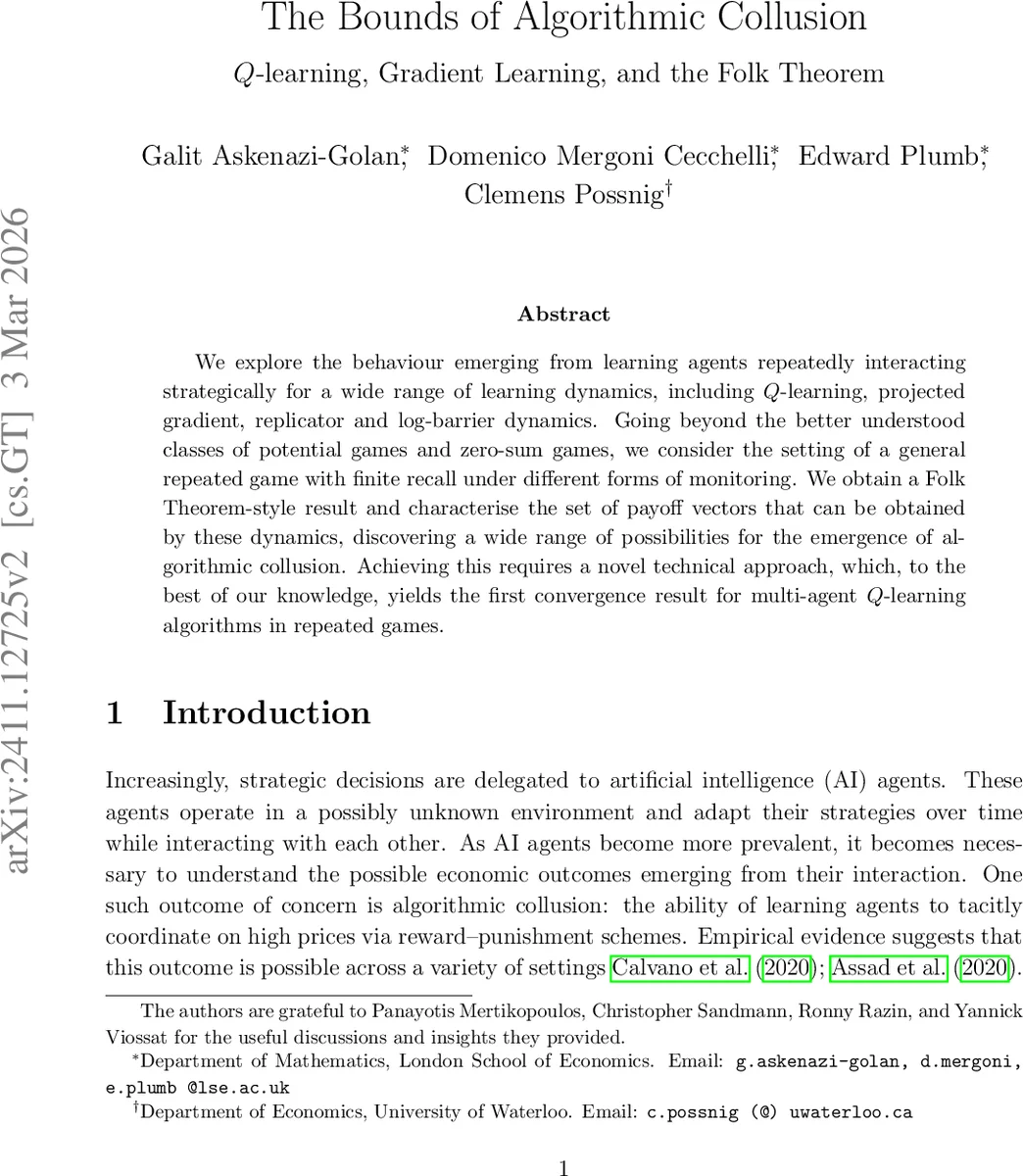 The Bounds of Algorithmic Collusion; $Q$-learning, Gradient Learning, and the Folk Theorem