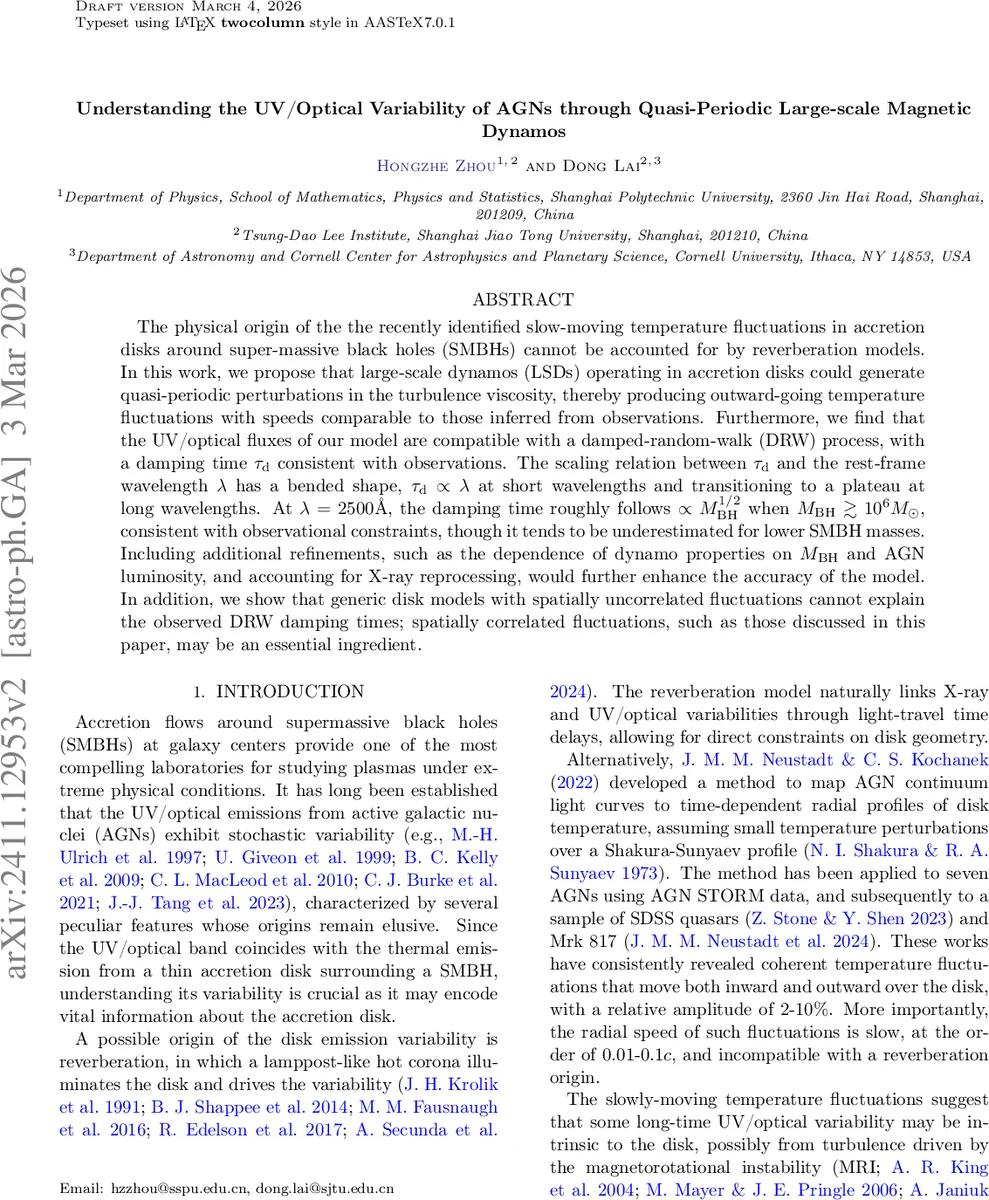 Understanding the UV/Optical Variability of AGNs through Quasi-Periodic Large-scale Magnetic Dynamos