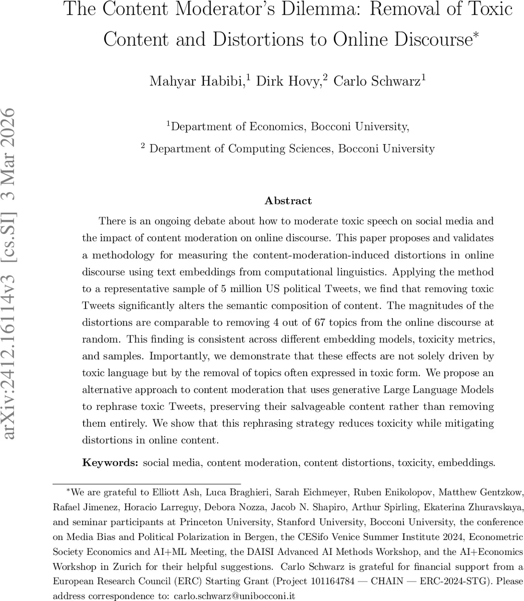 The Content Moderator's Dilemma: Removal of Toxic Content and Distortions to Online Discourse