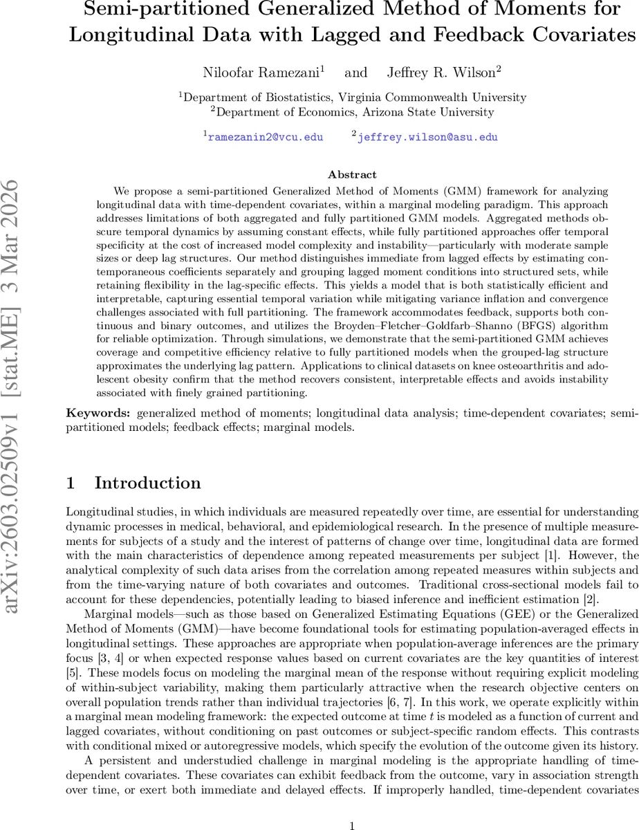 Semi-partitioned Generalized Method of Moments for Longitudinal Data with Lagged and Feedback Covariates