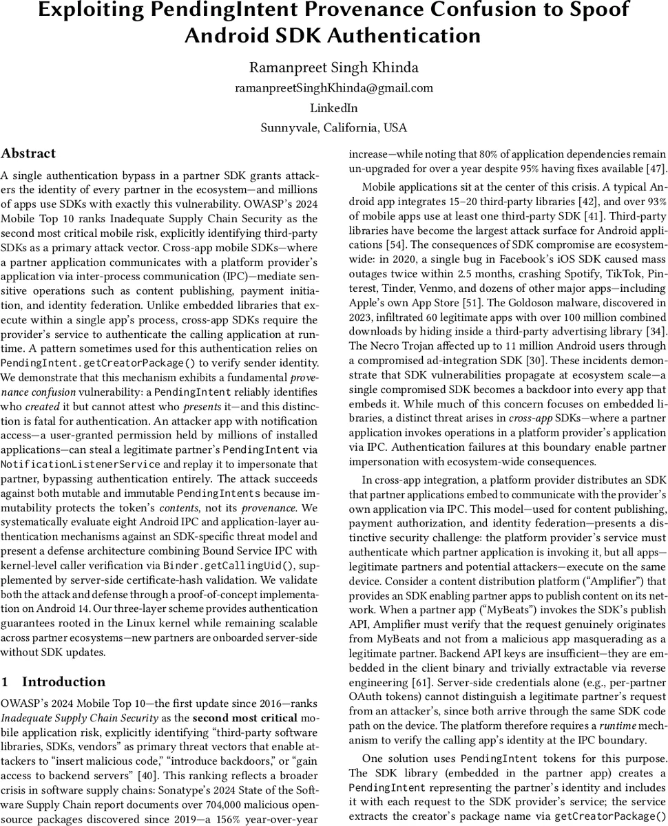 Exploiting PendingIntent Provenance Confusion to Spoof Android SDK Authentication