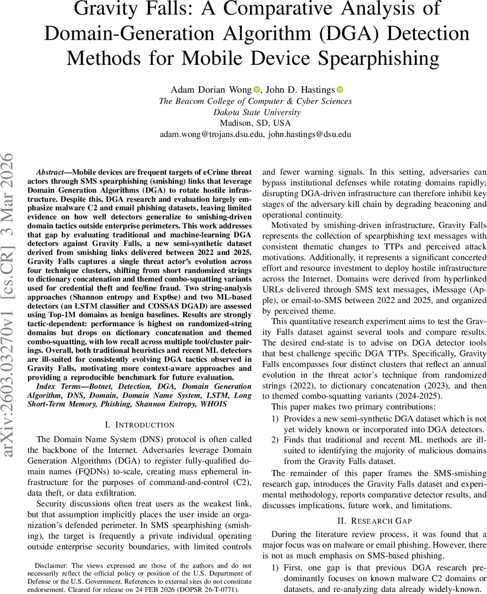 Gravity Falls: A Comparative Analysis of Domain-Generation Algorithm (DGA) Detection Methods for Mobile Device Spearphishing