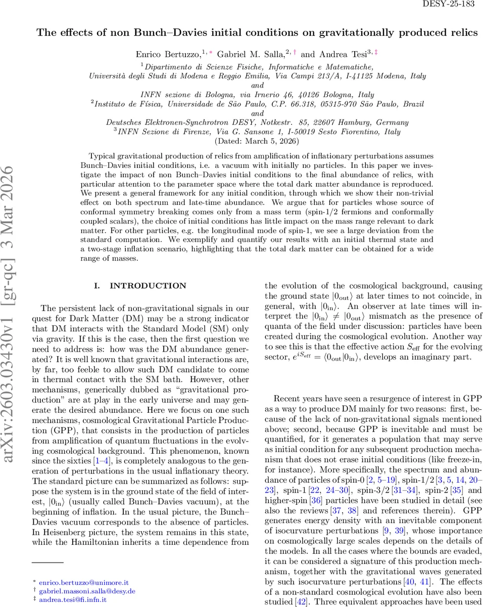 The effects of non Bunch-Davies initial conditions on gravitationally produced relics