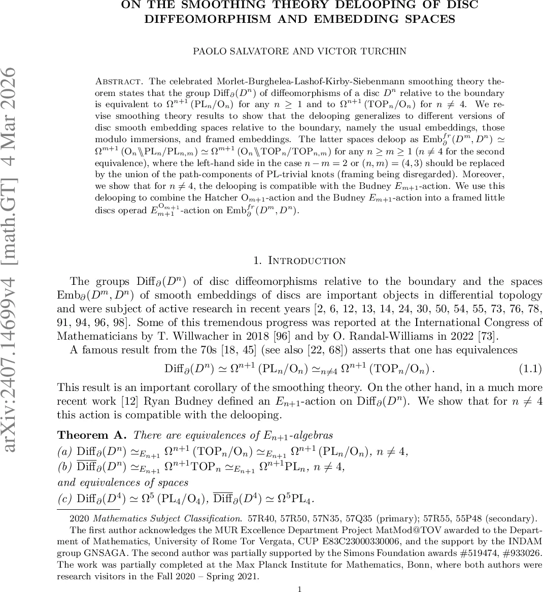 On the smoothing theory delooping of disc diffeomorphism and embedding spaces