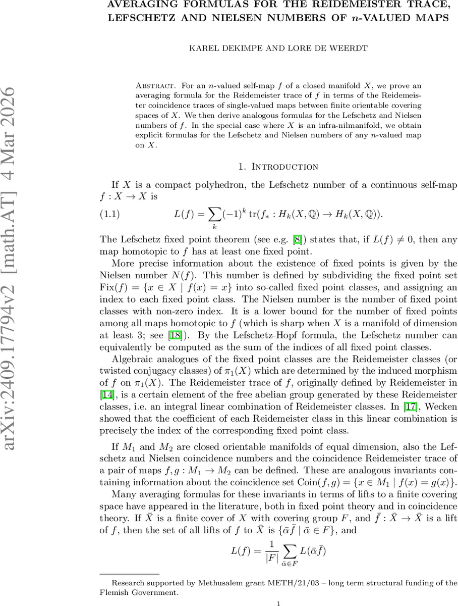 Averaging formulas for the Reidemeister trace, Lefschetz and Nielsen numbers of $n$-valued maps