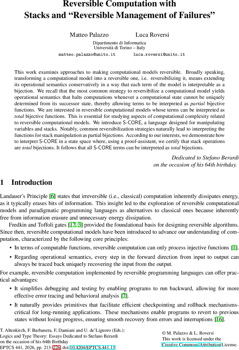 Reversible Computation with Stacks and "Reversible Management of Failures"
