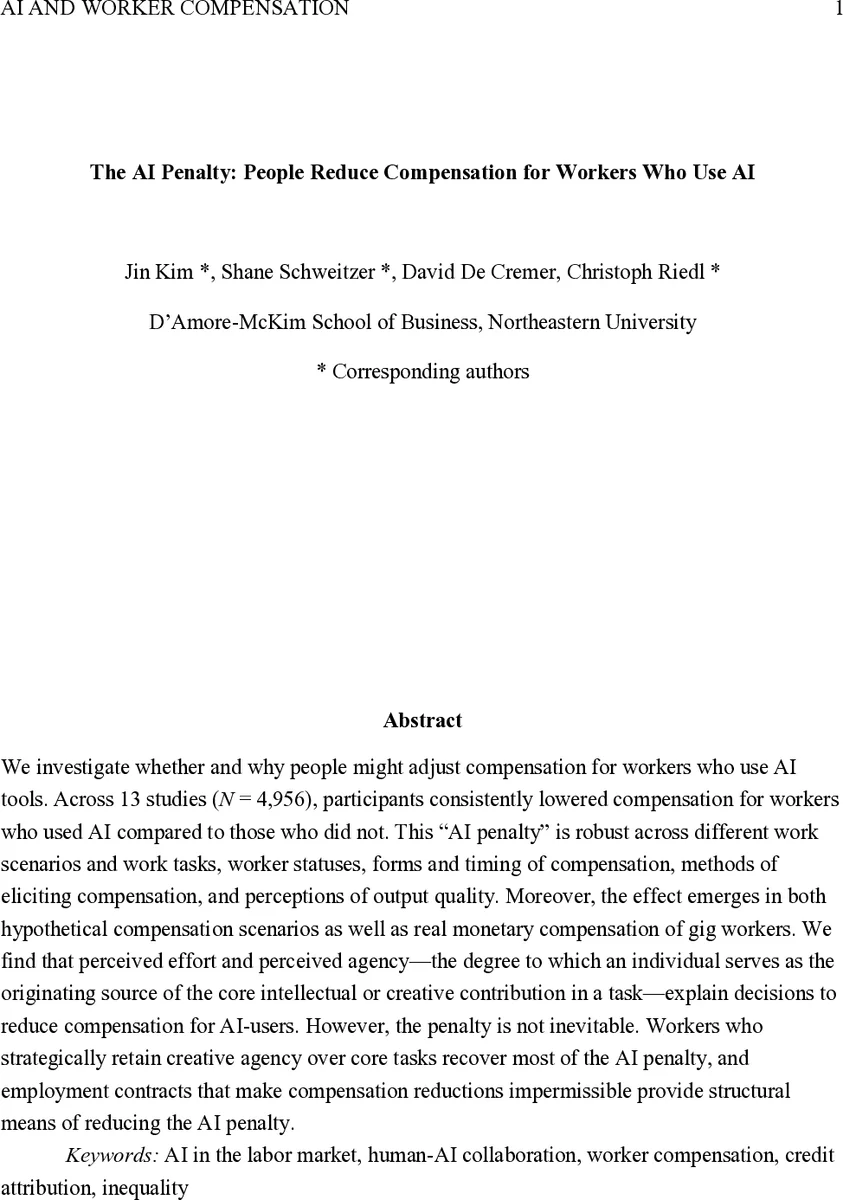 The AI Penalty: People Reduce Compensation for Workers Who Use AI