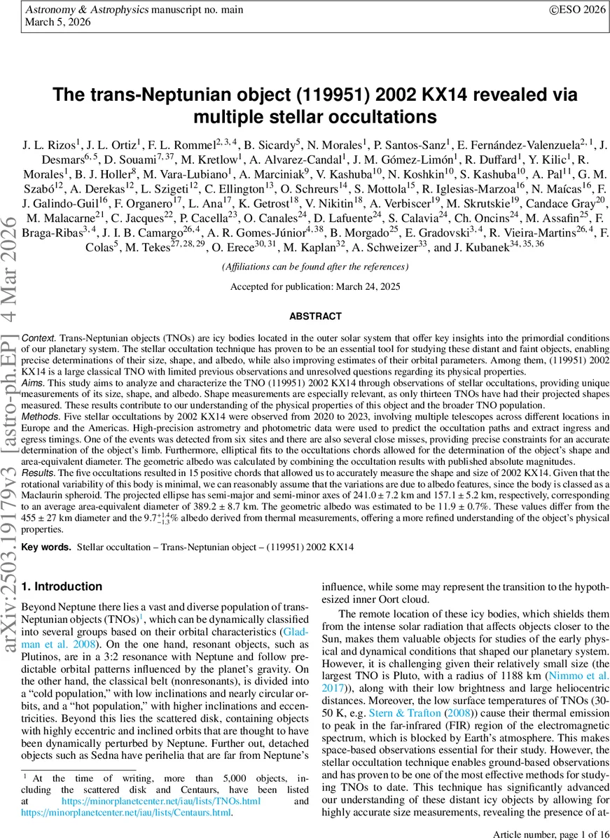 The trans-Neptunian object (119951) 2002 KX14 revealed via multiple stellar occultations