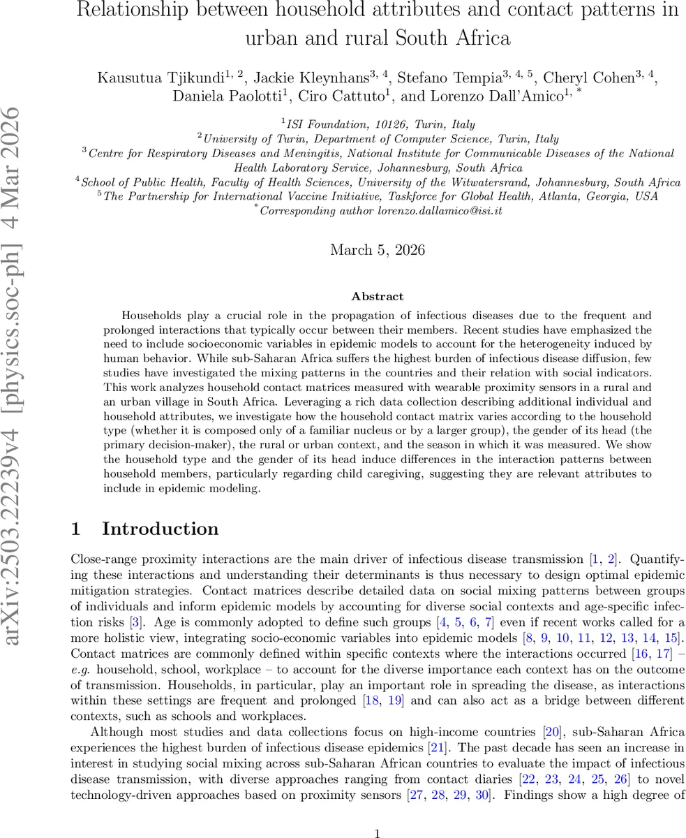 Relationship between household attributes and contact patterns in urban and rural South Africa