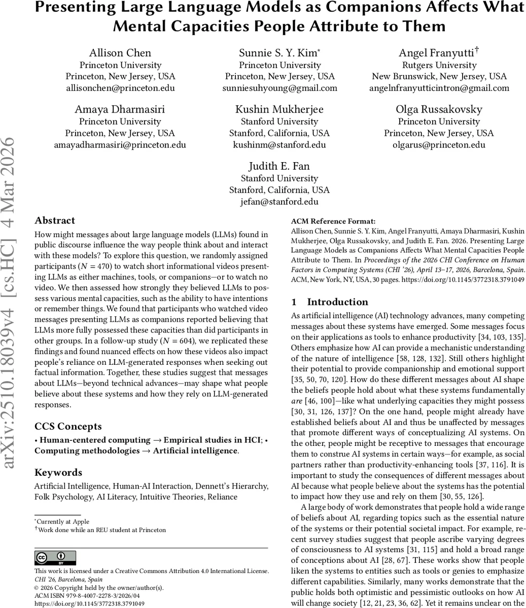 Presenting Large Language Models as Companions Affects What Mental Capacities People Attribute to Them