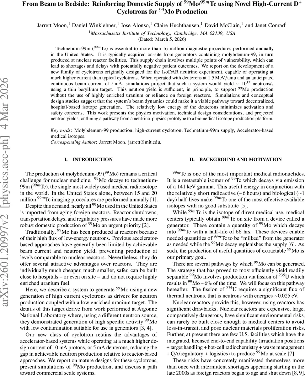 From Beam to Bedside: Reinforcing Domestic Supply of $^{99}$Mo/$^{99m}$Tc using Novel High-Current D+ Cyclotrons for Compact Neutron Generation and $^{99}$Mo Production