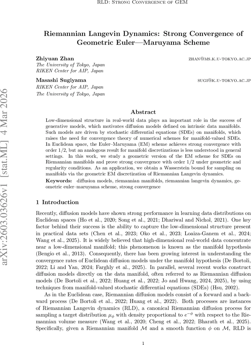 Riemannian Langevin Dynamics: Strong Convergence of Geometric Euler-Maruyama Scheme
