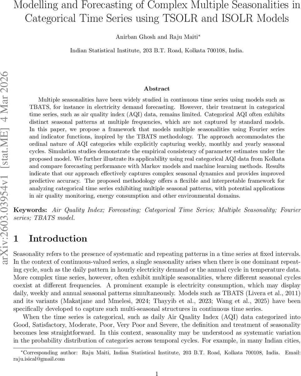 Forecasting of Multiple Seasonal Categorical Time Series Using Fourier Series with Application to AQI Data of Kolkata