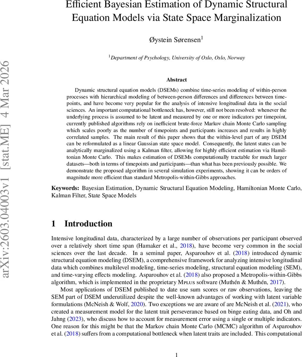 Efficient Bayesian Estimation of Dynamic Structural Equation Models via State Space Marginalization