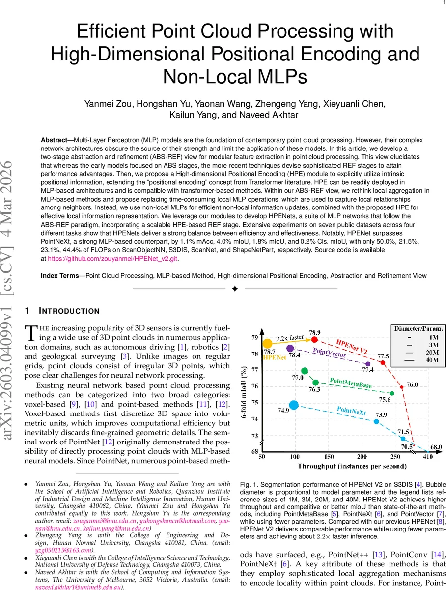 Efficient Point Cloud Processing with High-Dimensional Positional Encoding and Non-Local MLPs