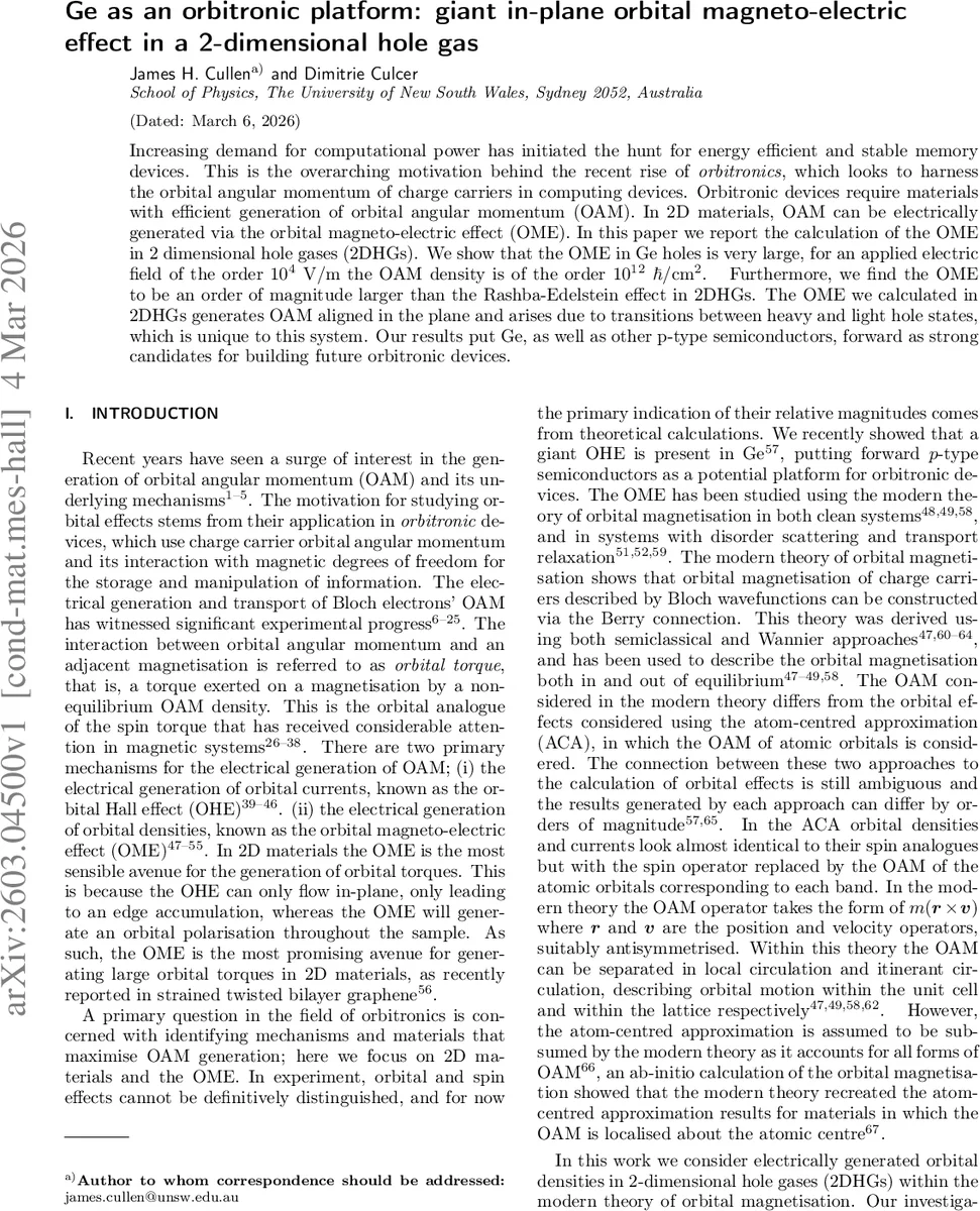 Ge as an orbitronic platform: giant in-plane orbital magneto-electric effect in a 2-dimensional hole gas