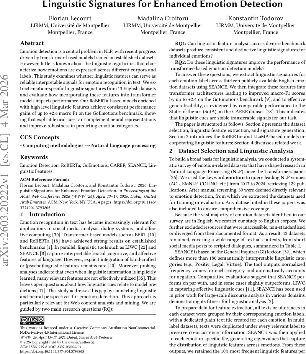 Linguistic Signatures for Enhanced Emotion Detection