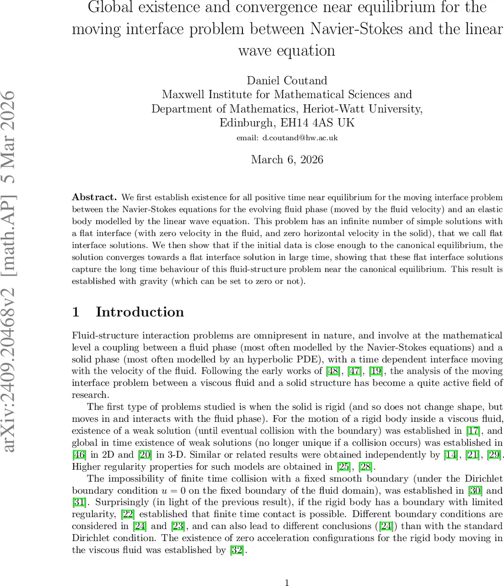 Global existence and convergence near equilibrium for the moving interface problem between Navier-Stokes and the linear wave equation