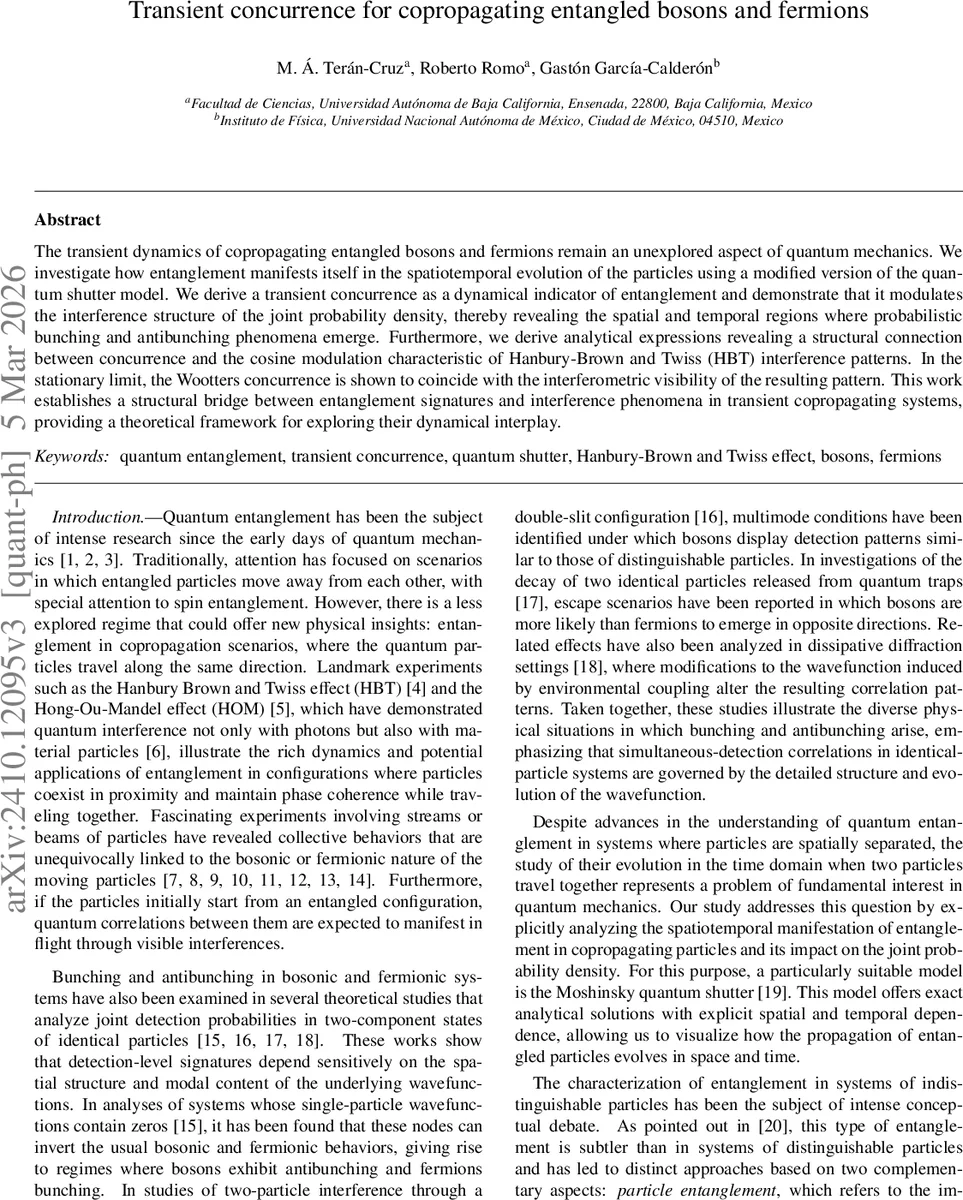 Transient concurrence for copropagating entangled bosons and fermions