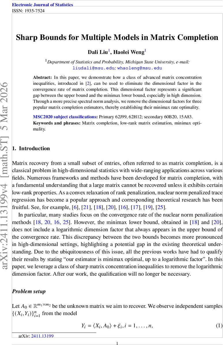 Sharp Bounds for Multiple Models in Matrix Completion
