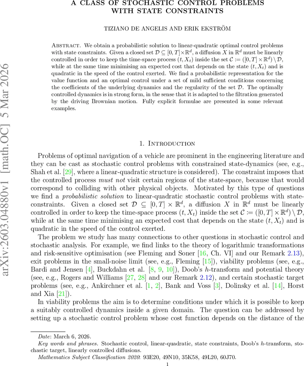A class of stochastic control problems with state constraints