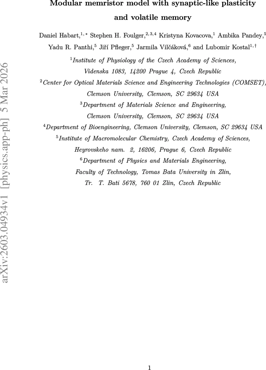 Modular memristor model with synaptic-like plasticity and volatile memory