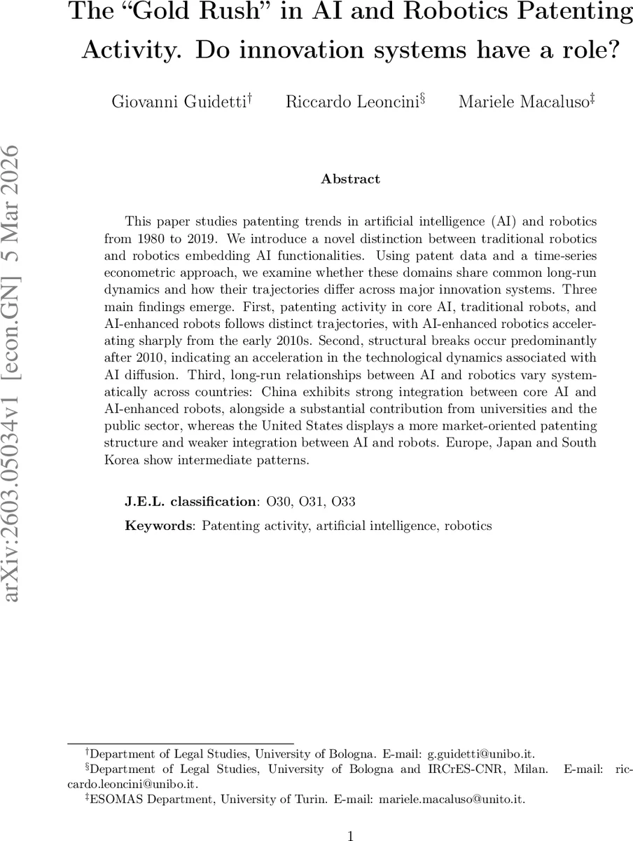 The "Gold Rush" in AI and Robotics Patenting Activity. Do innovation systems have a role?